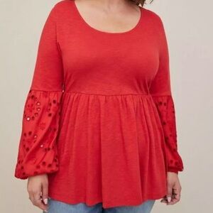Torrid red eyelet long sleeve scoop neck shirt top